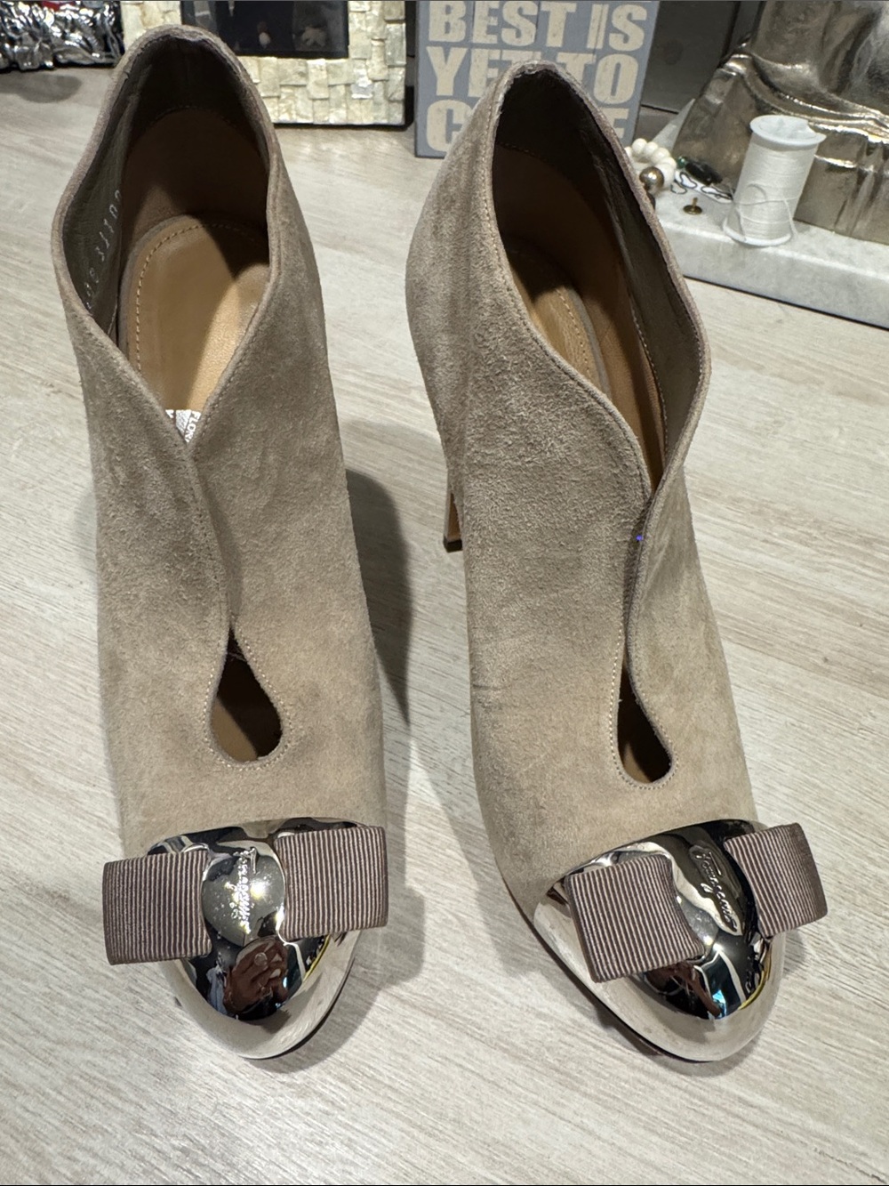 Ferragamo Suede Taupe Peep-Toe Booties with Chrome Cap and Bow